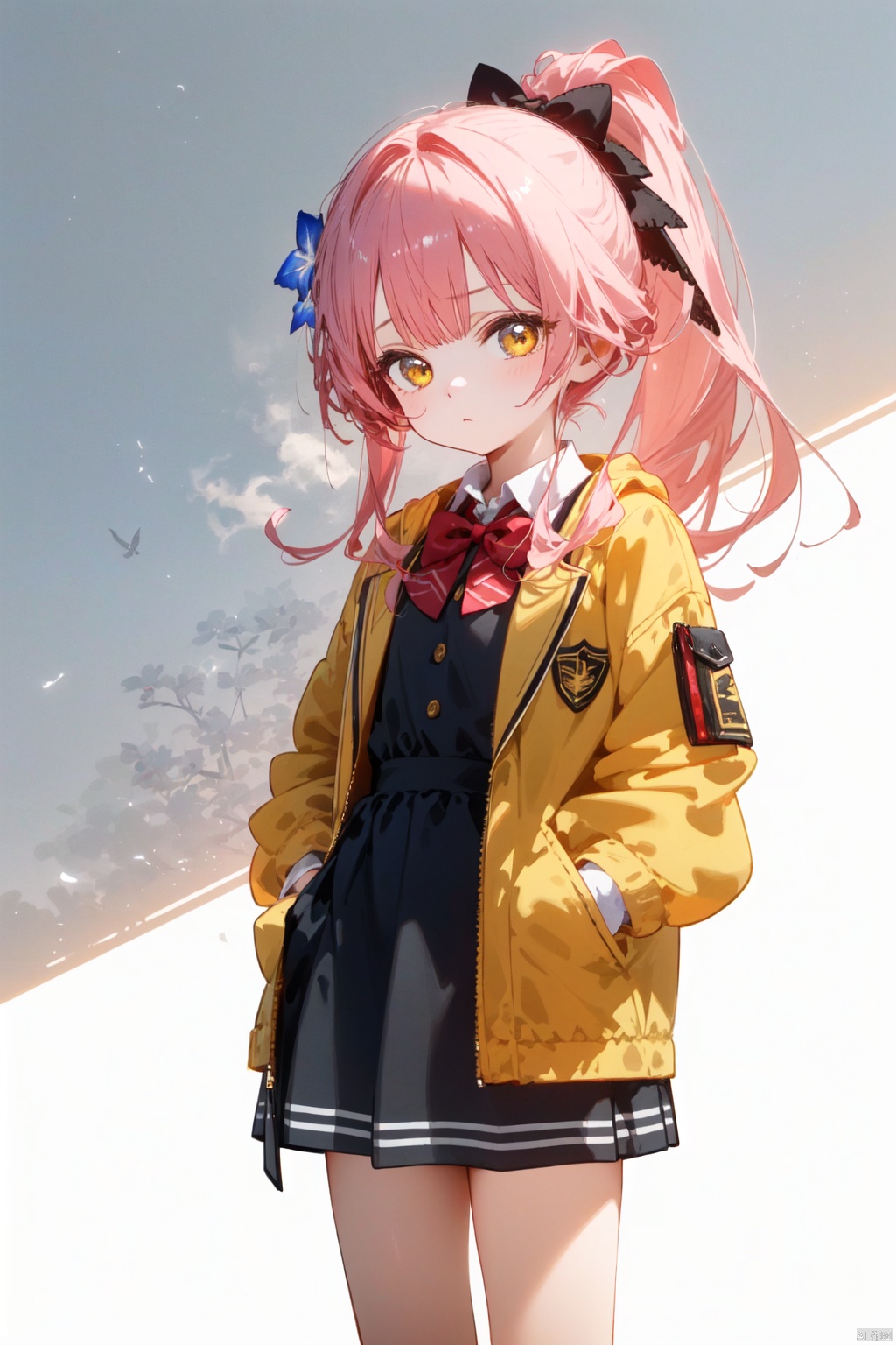(best quality), ((masterpiece)), (highres),standing,original, extremely detailed wallpaper, (an extremely delicate and beautiful),(loli),(petite),Pink hair,Yellow eyes, (red Jacket),high ponytail,white collared shirt,hair flower,fipped hair,floating hair,Frown,hands in pockets,black dress,red bowtie,(solo)