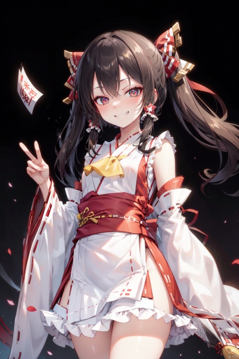 closed eyes,1girl, solo, hakurei reimu, bow, ofuda, gohei, red bow, skirt, hair bow, hair tubes, red skirt, ascot, wide sleeves, detached sleeves, ribbon trim, black background, yellow ascot, frills, brown hair, holding, long hair, ribbon-trimmed sleeves, looking at viewer, closed mouth, simple background, brown eyes, bare shoulders, red vest, frilled bow, vest, hair between eyes, bangs, sidelocks, nontraditional miko, sarashi, shirt, frilled skirt, cowboy shot