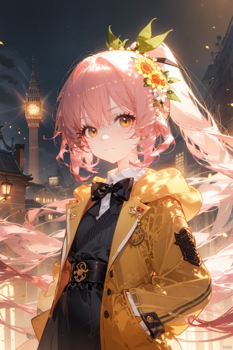 (masterpiece),(best quality),(loli：1.2),(petite:1.2),long hair,Pink hair,Yellow eyes, (red Jacket),high ponytail,white collared shirt,hair flower,fipped hair,floating hair,Frown,hands in pockets,black dress,red bowtie,(solo),sky, skyline, skyscraper, smile, solo, sunflower, tower, upper_body,white flower
