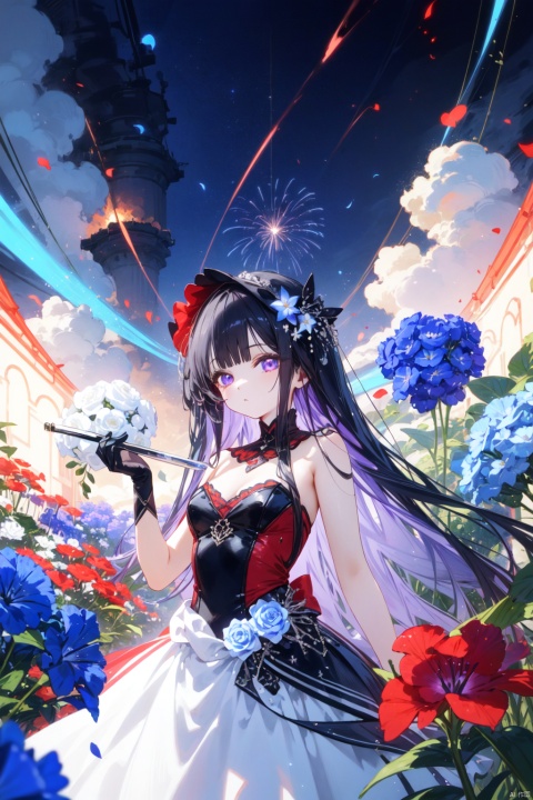 1girl, long hair, flower, Lisianthus, in the style of red and light azure, dreamy and romantic compositions, red, ethereal foliage, playful arrangements, fantasy, high contrast, ink strokes, explosions, over exposure, purple and red tone impression, abstract, whole body capture, , , 1girl, liuying, official