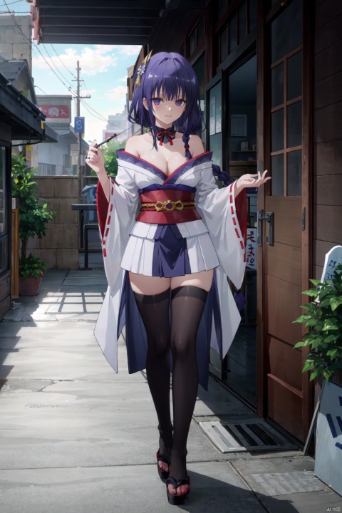 1girl, raiden shogun, solo, long hair, purple hair, purple kimono, purple eyes, japanese clothes, braided ponytail, electricity, braid, sash, looking at viewer, kimono, breasts, bangs, thighhighs, thighs, obi, shrug \(clothing\), hair ornament, very long hair, wide sleeves, purple thighhighs, large breasts, mole, mole under eye, off shoulder, long sleeves, cleavage, weapon, bridal gauntlets, full body