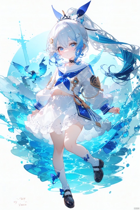 white background, solo,loli, blue hair,blue eyes,high ponytail,high ponytail, blush, frilled shirt collar,facula,spot,messy hair,fipped hair,floating hair,(petite),(loli),(solo),blank stare, white ribbon, (full body),blue sky,cloudy,white serafuku,white skirt,