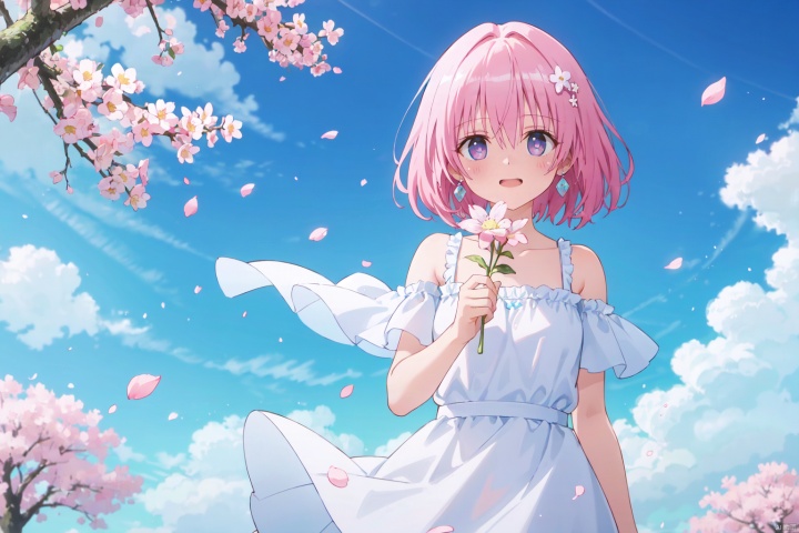 cherry_blossoms,falling_petals,petals,branch,pink_flower,1girl,blue_sky,spring_\(season\),petals_on_liquid,flower,hanami,dress,pink_hair,solo,day,sky,short_hair,outdoors,cloud,bangs,smile,pink_eyes,white_dress,bare_shoulders,earrings,breasts,holding_flower,wind,tree,looking_at_viewer,cowboy shot,