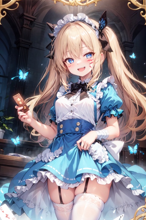 1girl, heart, frills, bug, long hair, solo, symbol-shaped pupils, heart-shaped pupils, blue eyes, blonde hair, open mouth, striped, butterfly, apron, dress, blue dress, bandages, bandaid, bandaged arm, card, breasts, bangs, playing card, diamond \(shape\), bow, short sleeves, looking at viewer, frilled dress, holding, thighhighs, asymmetrical legwear, blood, alice \(alice in wonderland\), teeth, frilled apron, smile, stuffed animal, black bow, stuffed toy, ribbon, standing, mismatched legwear, hair ribbon, large breasts, very long hair, white background, white apron, pantyhose, puffy short sleeves, bandaid on face, card \(medium\), puffy sleeves, black ribbon, blush, stuffed bunny, facial mark, hairband, :d, hair between eyes, fangs, blue butterfly, blunt bangs, blood on face
evil grin