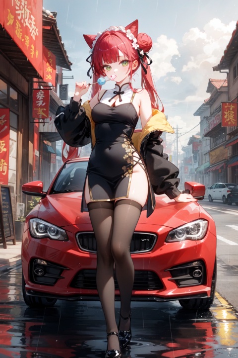 motor vehicle, 1girl, holding, green eyes, bun cover, long hair, ground vehicle, double bun, food, hair bun, lollipop, chinese clothes, dress, rain, red hair, looking at viewer, ribbon, china dress, standing, off shoulder, breasts, bangs, holding food, pelvic curtain, open clothes, single leg pantyhose, bare shoulders, jacket, black footwear, black jacket, candy, outdoors, single thighhigh, open jacket, full body, blunt bangs, black dress, long sleeves, motorcycle, black ribbon, clothing cutout, sleeveless, side slit, red ribbon, shoes, hair ribbon, holding candy, blurry, holding lollipop, road, solo, building, sign, hand up, car, solo focus, very long hair, twintails, puffy sleeves, medium breasts, neck ribbon, mole