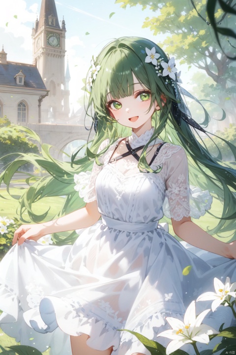(best quality),(masterpiece),1girl, flower,white dress, solo, green hair, long hair, smile, open mouth, looking at viewer, bangs, white flower, green eyes,