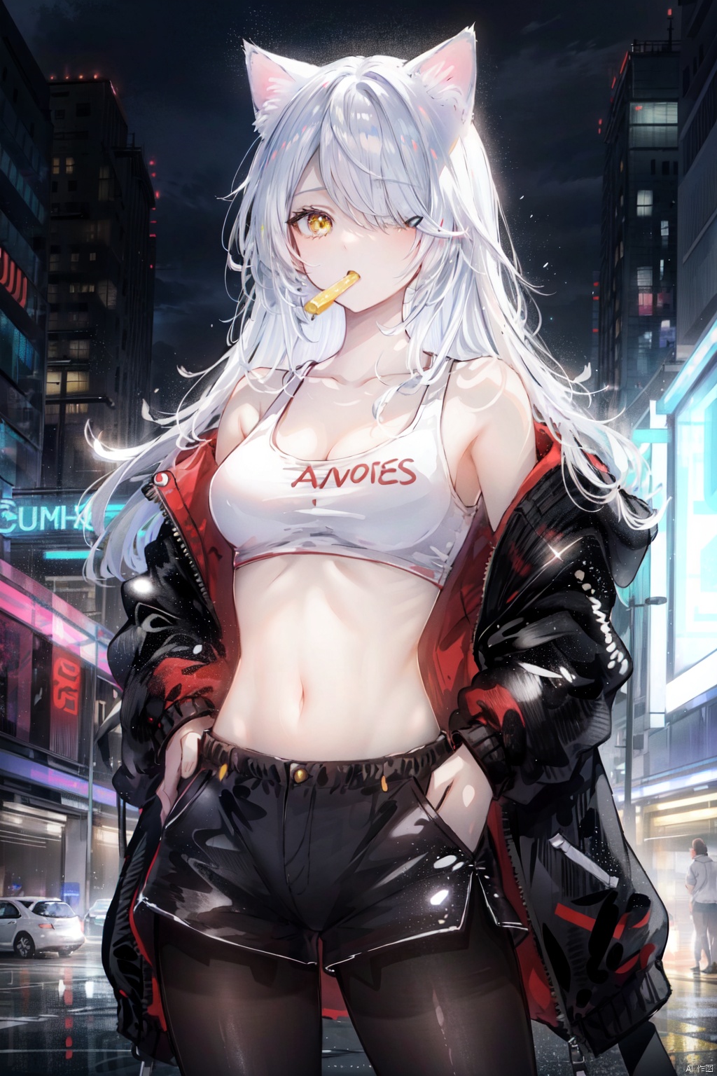 1girl, animal ears, long hair, solo, cat ears, navel, shorts, white hair, yellow eyes, jacket, midriff, slit pupils, breasts, off shoulder, mouth hold, hair over one eye, black shorts, looking at viewer, crop top, cat girl, red jacket, pantyhose, open clothes, neon lights, bangs, bare shoulders, cowboy shot, medium breasts, hand on hip, stomach, open jacket, short shorts, **** top, standing, hanekawa tsubasa, black pantyhose