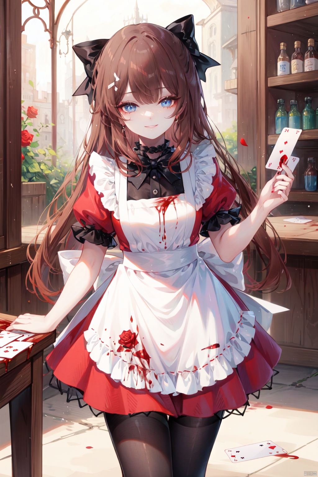 1girl, solo, long hair, dress, short sleeves, puffy sleeves, apron, puffy short sleeves, red dress, card, choker, looking at viewer, blue eyes, bangs, frills, blood, black choker, playing card, white apron, blood on clothes, frilled apron, parted lips, red flower, brown hair, bow, smile, standing, parted bangs, very long hair, blood on face, black bow, hair bow, frilled dress, pantyhose, diamond \(shape\), ribbon, orange hair, red rose