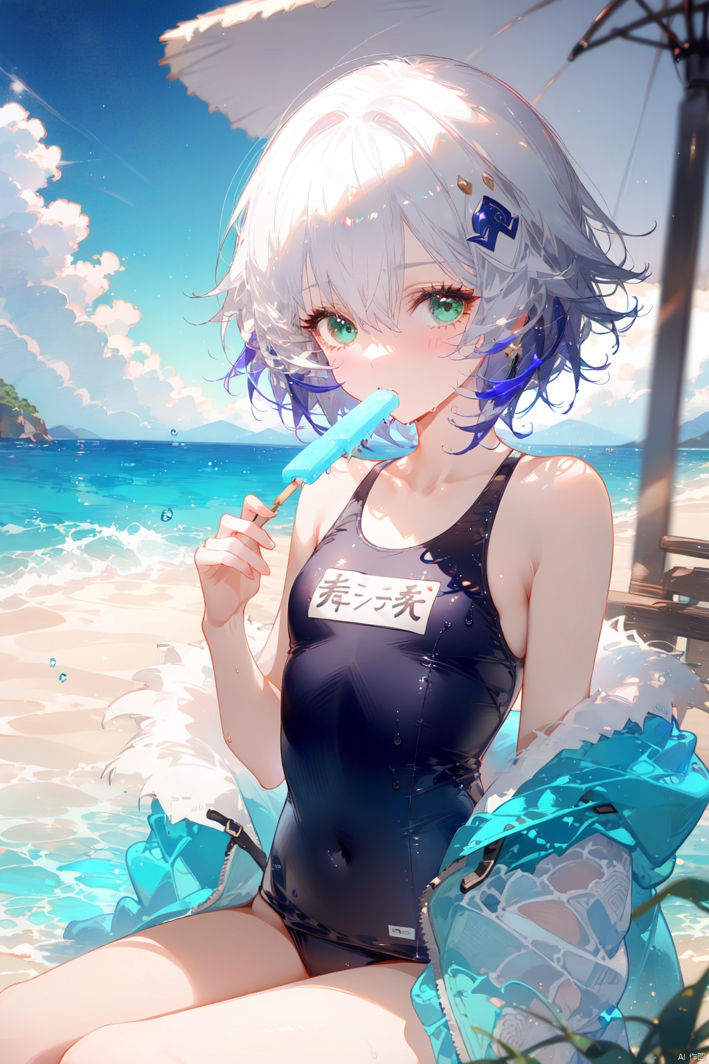 1girl, jack the ripper (fate/apocrypha), swimsuit, solo, school swimsuit, food, one-piece swimsuit, green eyes, name tag, scar, white hair, short hair, sitting, popsicle, day, outdoors, beach, looking at viewer, ocean, scar on face, sky, cloud, scar across eye, tan, water, blush, wet, small breasts, black one-piece swimsuit, breasts, eating