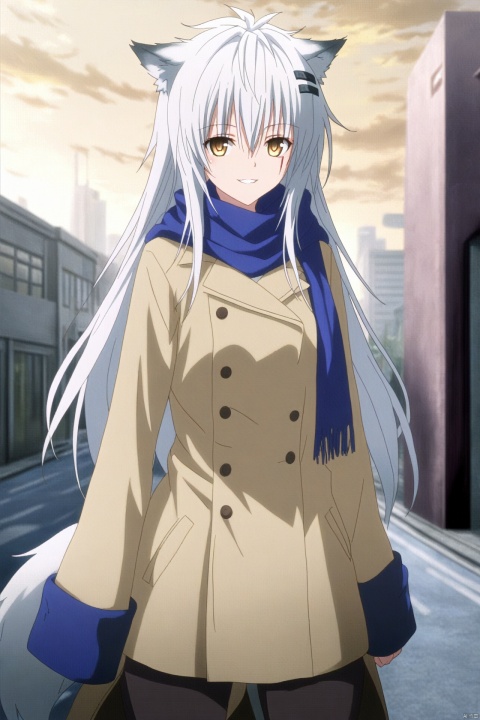 1girl, solo, animal ears, lappland \(arknights\), wolf ears, scar, long hair, smile, scar across eye, looking at viewer, scar on face, white hair, hair ornament, hairclip, cowboy shot, jacket, coat, yellow eyes, hair between eyes, long sleeves, tail, outdoors, alternate costume, bangs, wolf girl, wolf tail, blue scarf, parted lips, scarf, sleeves past fingers