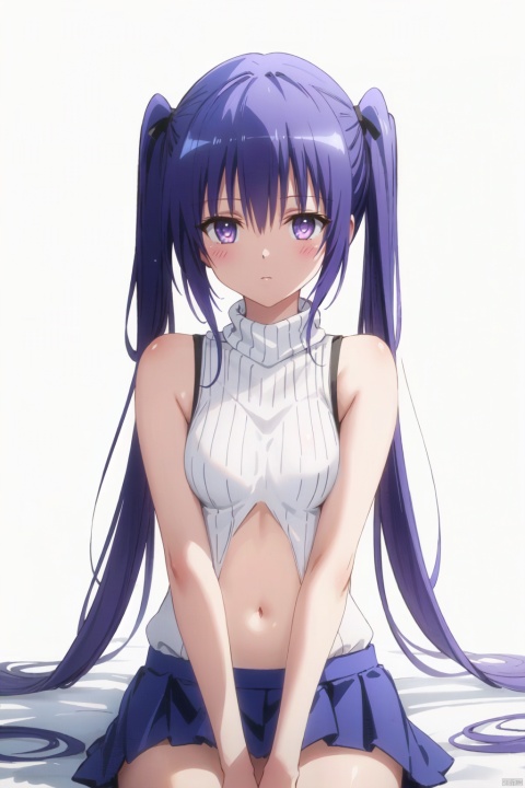 1girl, solo, purple eyes, breasts, twintails, purple hair, navel, long hair, white background, simple background, small breasts, very long hair, sweater, blush, sitting, sleeveless, hair bow, sleeveless sweater, bow, clothing cutout, bare shoulders, closed mouth, meme attire, bangs, white sweater, turtleneck, looking at viewer, turtleneck sweater, white bow