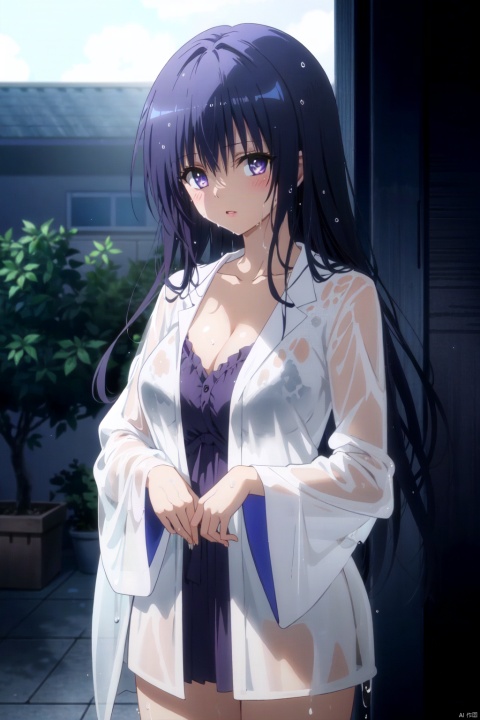 1girl, breasts, solo, purple hair, raiden shogun, wet, purple eyes, looking at viewer, cleavage, wet clothes, large breasts, long hair, bangs, blush, see-through, parted lips, mole under eye, mole, collarbone, cowboy shot, thighs, robe, long sleeves, see-through silhouette, blunt bangs, alternate costume, blue background, gradient background, wet hair, gradient, bright pupils, steam, shirt, breath