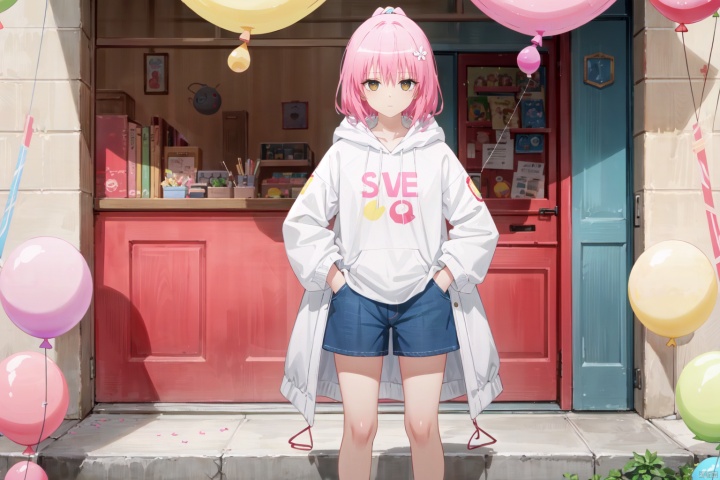 1petite loli, solo.pink hair, long pink hair, (yellow eyes),puffy sleeves,fur-trimmed jacket, hair flower, fipped hair, high ponytail, loose over_sized Casual T-shirt, white shirt, hoodie coat, bare legs, slippers;relaxed, one-eye_closed, adjusting hair, looking at viewer, standing,(balloon:1.5),hands in pockets