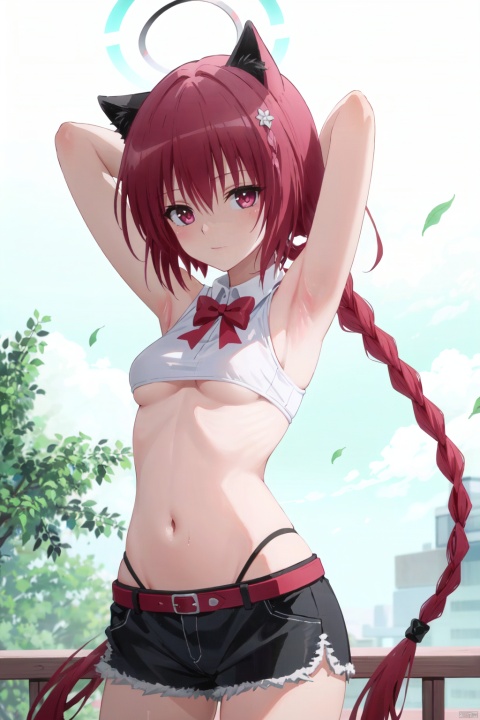 1girl, stomach, navel, solo, armpits, miyu \(blue archive\), long hair, breasts, red eyes, black hair, twin braids, halo, braid, looking at viewer, arm up, white background, white shorts, ahoge, shorts, simple background, leaf, bangs, leaf on head, small breasts, sleeveless, clothes lift, underboob, lifted by self, sleeveless shirt, closed mouth, sweatdrop, cowboy shot, shirt, bare arms, blush, short shorts, shirt lift, raised eyebrows, animal ears, bikini, twintails