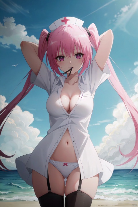 1girl, breasts, pink hair, thighhighs, official alternate costume, long hair, pink eyes, nurse cap, hat, navel, looking at viewer, underwear, panties, nurse, white thighhighs, white panties, center opening, mouth hold, id card, twintails, white headwear, solo, gloves, sky, arms up, hair ornament, open clothes, very long hair, manjuu \(azur lane\), shirt, cleavage, half gloves, outdoors, cloud, bangs, bird, day, large breasts, open shirt, pink gloves, white shirt, blue sky, medium breasts, cowboy shot, blush, ocean