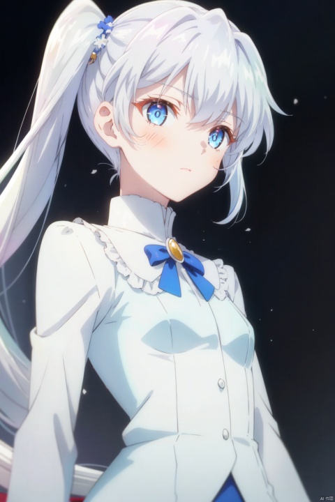  1girl, weiss schnee, solo, impasto, best quality, grey background, gradient background, from below, looking down, looking at viewer, blue eyes, scar across eye, long hair, grey hair, white hair, side ponytail, bangs, small breasts, scar on face, white dress, cropped jacket, long sleeves, disgust, shaded face