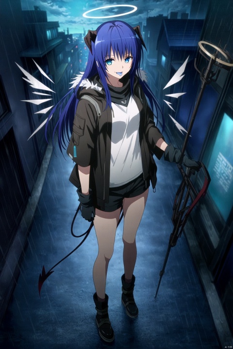 1girl, mostima \(arknights\), colored tongue, halo, horns, blue tongue, blue hair, shirt, blue eyes, white shirt, black shorts, shorts, long hair, solo, looking at viewer, jacket, fur trim, tail, night, outdoors, open clothes, black footwear, boots, black jacket, tongue, wings, demon tail, tongue out, holding, long sleeves, city, short shorts, standing, smile, rain, mismatched gloves, open jacket, gloves, asymmetrical gloves, staff, energy wings, bare legs, detached wings, bangs, street, black gloves, hood, demon horns, fur-trimmed jacket, building, road