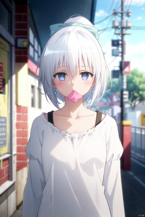1girl,solo,blue_eyes,long_hair,blush,white_hair,earrings,jewelry,ahoge,hair_between_eyes,collarbone,bow,ponytail,hair_bow,upper_body,blurry_background,bangs,long_sleeves,shirt,blurry,looking_at_viewer,covering_mouth,white_shirt