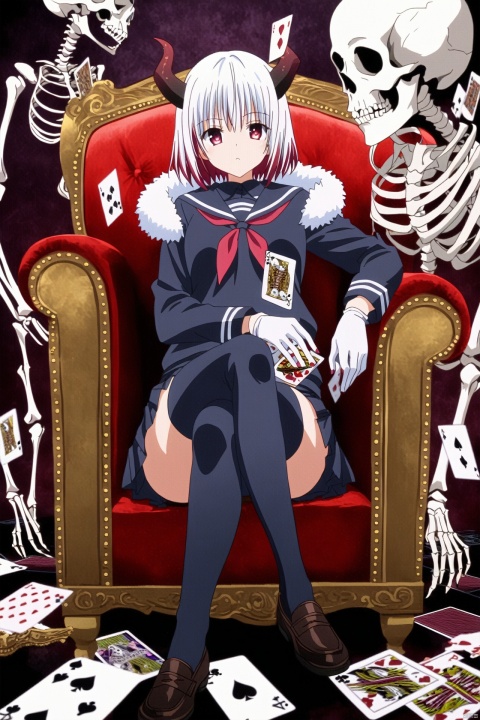 1girl, card, horns, sitting, red eyes, thighhighs, playing card, school uniform, serafuku, skull, chair, neckerchief, holding card, white hair, bug, looking at viewer, butterfly, sailor collar, armchair, red neckerchief, bangs, shoes, black serafuku, short hair, fur trim, holding, shirt, skirt, 1boy, white gloves, skeleton, red hair, red nails, gloves, crossed legs, long sleeves, jacket