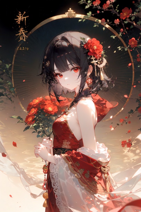 1girl, solo, flower, hair ornament, bangs, hair flower, dress, black hair, blunt bangs, looking at viewer, red dress, full body, chinese clothes, bare shoulders, branch, from side, red eyes, chinese text, sleeveless, short hair, cherry blossoms, hand up, standing, sleeveless dress