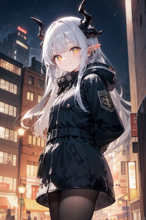 modern,war,1girl,solo,(super fuck cool),intricate detail,clear sky,cityspace,

loli,arms behind back,light smile,

silver long hair,dragon horns,yellow eyes,slit pupils,poionty ears,tactical parka,black stocking,black gloves,