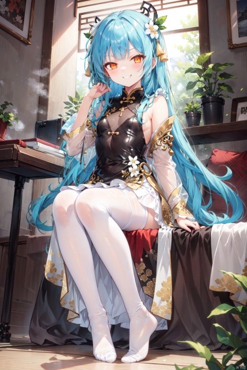 chinese_style,bright hair,bright dress,see-through,sheer_clothes,(masterpiece), (best quality), illustration, ultra detailed, hdr, Depth of field, (colorful), loli, 1girl, mint hair, orange eyes, clover hair ornament, long hair, disheveled hair, messy hair, plum blossoms, blue pajamas, branch, dragonfly, full body, mismatched legwear, white legwear, white legwear, pantyhose, xinniang, white pantyhose, white pantyhose, vibrantProj,
evil grin