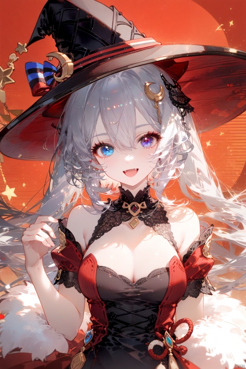 1girl, solo, breasts, heterochromia, horns, hat, fang, twintails, cleavage, smile, red eyes, long hair, open mouth, witch hat, halloween, looking at viewer, grey eyes, grey hair, striped, detached collar, medium breasts, red background, bare shoulders, upper body, bangs, :d, puffy sleeves, single horn, short sleeves, blue eyes, skin fang, crescent