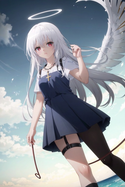 white hair,yellow eyes,looking up,stockings,long hair,hime cut,messy hair,floating hair,demon wings,halo,cross necklace,holy,divinity,shine,holy light,cat girl,(loli),(petite),solo,