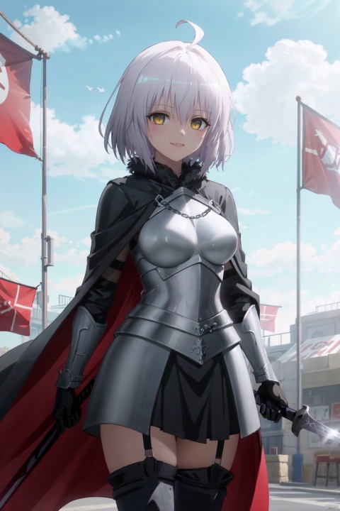 1girl, jeanne d'arc alter \(fate\), jeanne d'arc alter \(avenger\) \(fate\), armor, solo, thighhighs, gauntlets, sword, yellow eyes, weapon, ahoge, breasts, armored dress, bangs, smile, looking at viewer, white hair, black thighhighs, short hair, headpiece, fur trim, holding, black dress, large breasts, cape, thighs, chain, dress, fur collar, fur-trimmed cape, signature, faulds, grin, black cape, flag, pale skin, holding sword, holding weapon, parted lips, sheath