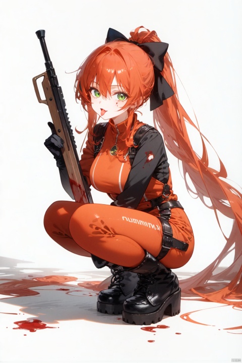 1girl, solo, green eyes, long hair, squatting, holding, very long hair, ponytail, blood, tongue, hair between eyes, weapon, tongue out, holding weapon, red hair, looking at viewer, hair bow, bow, blood on face, bodysuit, black footwear, boots, breasts, full body, orange hair