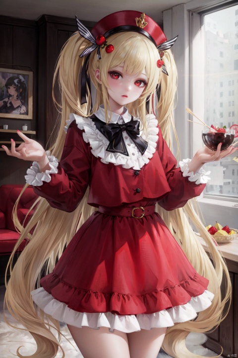 twintails,masterpiece,best quality,very long hair,cowboy shot,moinszero,moinszero,moinszero,moinszero,moinszero,moinszero,moinszero,moinszero,1girl,dress,long_hair,solo,blonde_hair,red_eyes,red_theme,fruit,too_many,frills,food,bow,hat,looking_at_viewer,