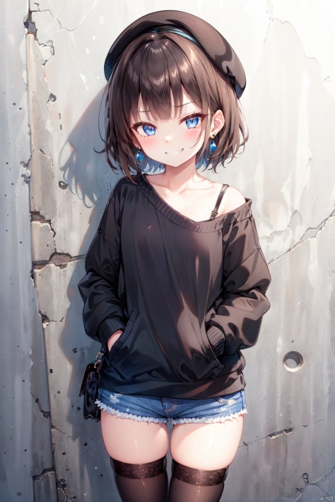 1girl, solo, thighhighs, hat, black thighhighs, shorts, brown hair, blue eyes, simple background, black headwear, white background, long sleeves, looking at viewer, hand in pocket, short hair, closed mouth, collarbone, bangs, cowboy shot, black shirt, short shorts, shirt, black sweater, sweater, beret, earrings, sleeves past wrists, standing, shadow, jewelry
evil grin