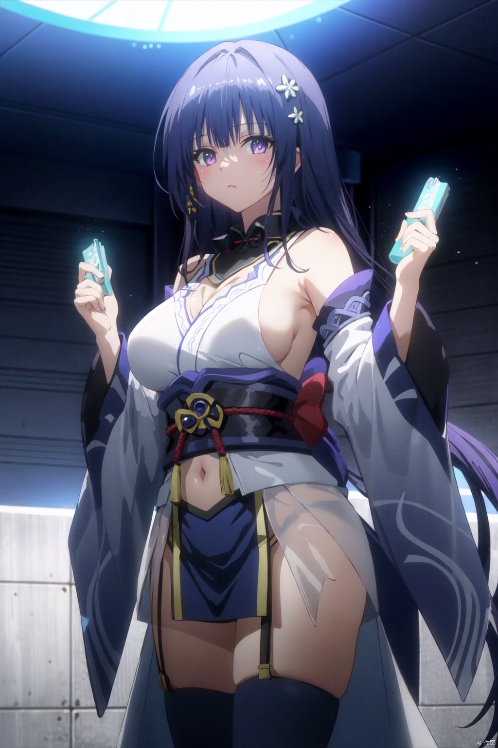 1girl, raiden shogun, purple hair, breasts, purple eyes, large breasts, solo, looking at viewer, long hair, mole under eye, thighhighs, mole, bangs, see-through, hair ornament, pussy, navel, thighs, black thighhighs, detached sleeves, hands up, sideboob, ass visible through thighs, very long hair