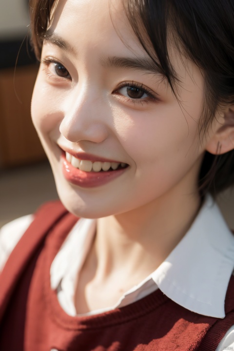  close_up, a girl laughing, realistic, portrait,,school_uniform,self_licking,shorthair,coffee shop