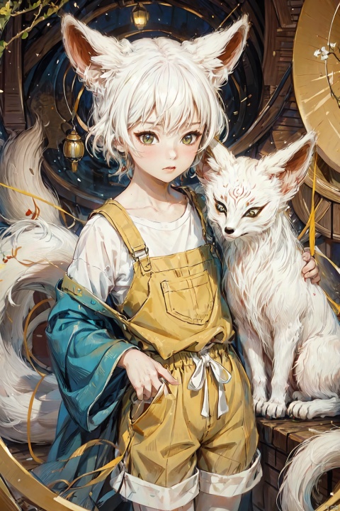  The image is an illustration depicting a white fox and a small boy. From a lighting perspective, the distribution of light iseven,with适度的明暗对比, allowing the outline of the white fox and the boy to be clearly seen. In terms of color, the overall color is dominated by white and brown, giving a warm and comfortable feeling. In terms of style, the painting employs the realistic painting technique, making every detail of the image come alive.

In terms of quality, the lines are delicate, thecolorsare饱满, and the details are handled with care,indicatingthe画家's high level of skill. The portrayal of the boy in the picture is particularly well done, with the boy dressed in yellow shorts and a green vest, holding a yellow string that is tied to a red bell, making the scene more lively and interesting.

From a style perspective, the style of the picture leans towards fairy tale and fantasy, giving a mysterious and dreamlike feeling. The white fox's eyes seem to be looking at the boy, giving a warm and friendly feeling, while the boy's eyes are filled with curiosity and anticipation, giving alivelyand开朗的感觉.

Overall, the picture's lighting, color, style, quality, and portrayal of characters, objects, clothing, actions, expressions, and psychological states are all handled well, making it an excellent illustration.