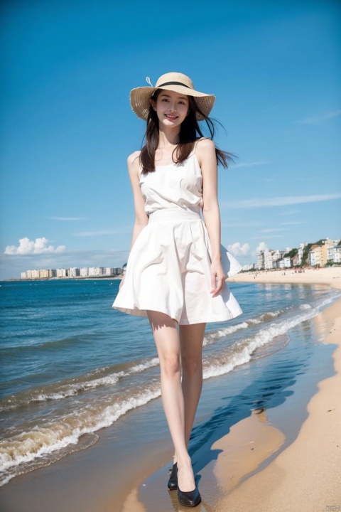  1 girl, full body photo, at the seaside, wearing a sun hat, photographic texture, realistic