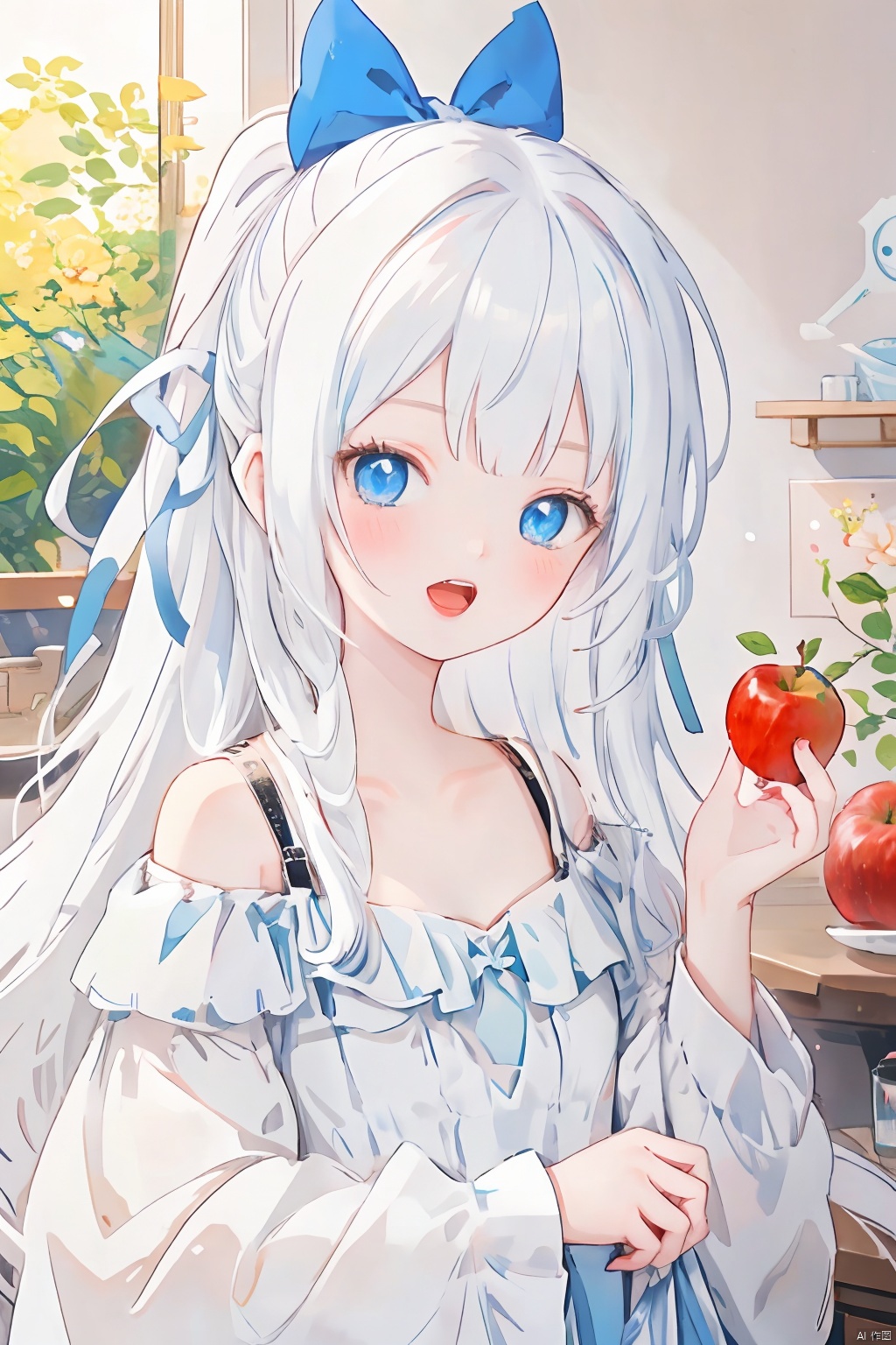  (masterpiece), (best quality),2023 Era,illustration, ultra detailed, hdr, Depth of field, (colorful), GongHa, 1girl, solo, blue eyes, fruit, long hair, open mouth, food, dress, holding, looking at viewer, breasts, bare shoulders, bow, upper body, blue ribbon, ribbon, bangs, blush, holding food, apple, blue bow, hair bow, holding fruit, cleavage, flower, white hair, off-shoulder dress, black dress, hand up, upper teeth only, teeth, off shoulder