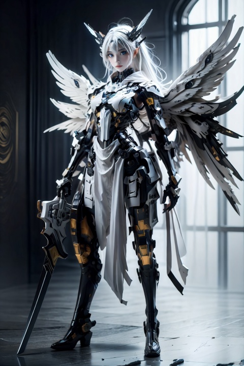  The image depicts a robot girl with white hair and blue eyes, dressed in a white dress and black boots. she has two mecha white wings with a fan on each wing. She is standing in a blue splash and carrying a sword on her right and a gun on her left., baimecha