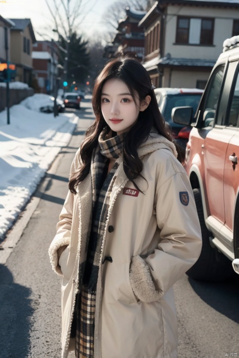  1girl,long hair, Winter clothing, college style,plaid skirt,full body,thick coat, cotton-padded jacket, plaid scarf, on the way home, snow, snow,outdoor,Master lens, golden ratio composition, (Canon 200mm f2.8L) shooting, large aperture, background blur., chinese woman,sunlight., plns, 1 girl