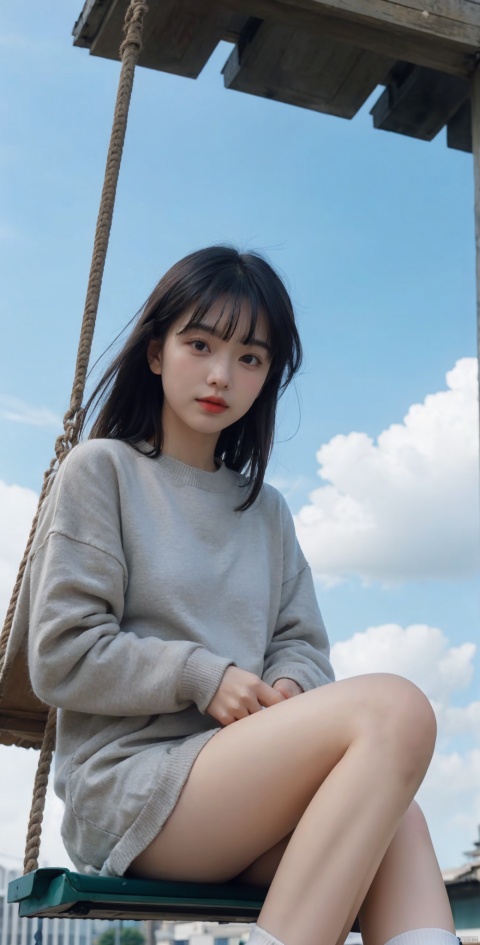 1girl,solo,sitting,sky,clouds,outdoors,black hair,bird,blue sky,white socks,daytime,building,long sleeves,long hair,playing on the swing,bangs,cloudy sky,wide_shot,hand between legs,blurry_background,