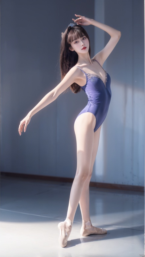  1girl, tutu, ballerina, solo, breasts, ballet slippers, brown hair, ballet, crown, athletic leotard, looking at viewer, leotard, bare shoulders, collarbone, full body, arched back, see-through, cleavage, mini crown, bangs, small breasts, dress, hair ornament, one side up, blue eyes, simple background, purple eyes, long hair,moyou