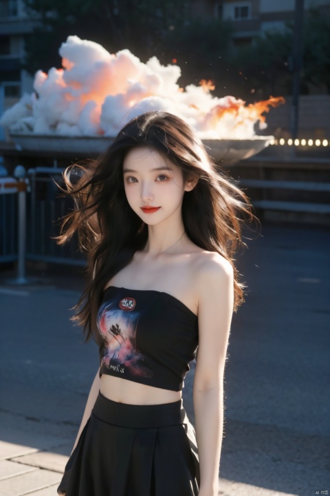  masterpiece,8K,best quality,1girl,smile,navel,long hair,breasts,solo,looking at viewer,midriff,realistic,blurry background,blurry,medium breasts,tank top,pencil_skirt,teeth,crop top,brown eyes,red lips,black hair,long hair,massive hair,light behind hair,hair in front,her hair rested on her shoulders,sun behind,slim hip,float hair,floating hair,flying hair,hair blown by the wind,white clouds behind,the broken hair in the front,messy shaggy hair,dust blown by the wind,mist in front,best quality,ultra high res,ice magic,light particles,sparkle,backlighting,loli,little girl,(child:0.5),13yo,rubber mesh clothes,(black and vibrant ruby red color),art by agnes cecile and agostino arrivabene and alberto dros,drawing,freeform,swirling patterns,doodle art style,little girl,black miniskirt,Leather clothes,Strapless, 1 girl