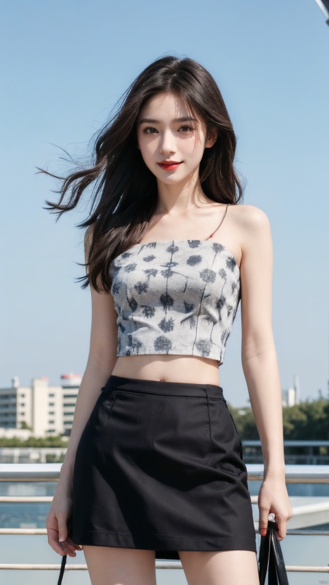  masterpiece,8K,best quality,1girl,smile,navel,long hair,breasts,solo,looking at viewer,midriff,realistic,blurry background,blurry,medium breasts,tank top,pencil_skirt,teeth,crop top,brown eyes,red lips,black hair,long hair,massive hair,light behind hair,hair in front,her hair rested on her shoulders,sun behind,slim hip,float hair,floating hair,flying hair,hair blown by the wind,white clouds behind,the broken hair in the front,messy shaggy hair,dust blown by the wind,mist in front,best quality,ultra high res,ice magic,light particles,sparkle,backlighting,loli,little girl,(child:0.5),13yo,rubber mesh clothes,(black and vibrant ruby red color),art by agnes cecile and agostino arrivabene and alberto dros,drawing,freeform,swirling patterns,doodle art style,little girl,black miniskirt,Leather clothes,Strapless, chineseclothes, blue shirt