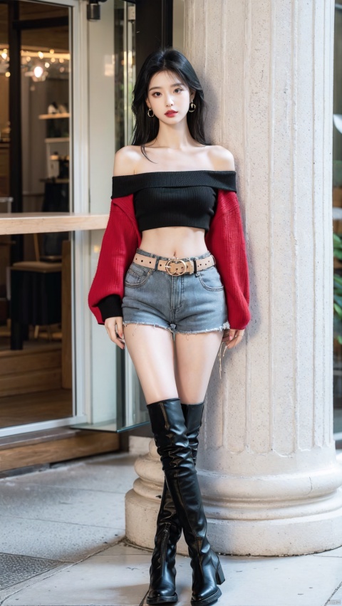  1girl, solo, navel, midriff, belt, pants, boots, looking at viewer, full body, jewelry, standing, earrings, multicolored hair, off shoulder, black hair, nail polish, crop top, black footwear, fishnets, bare shoulders, shorts,sit, 