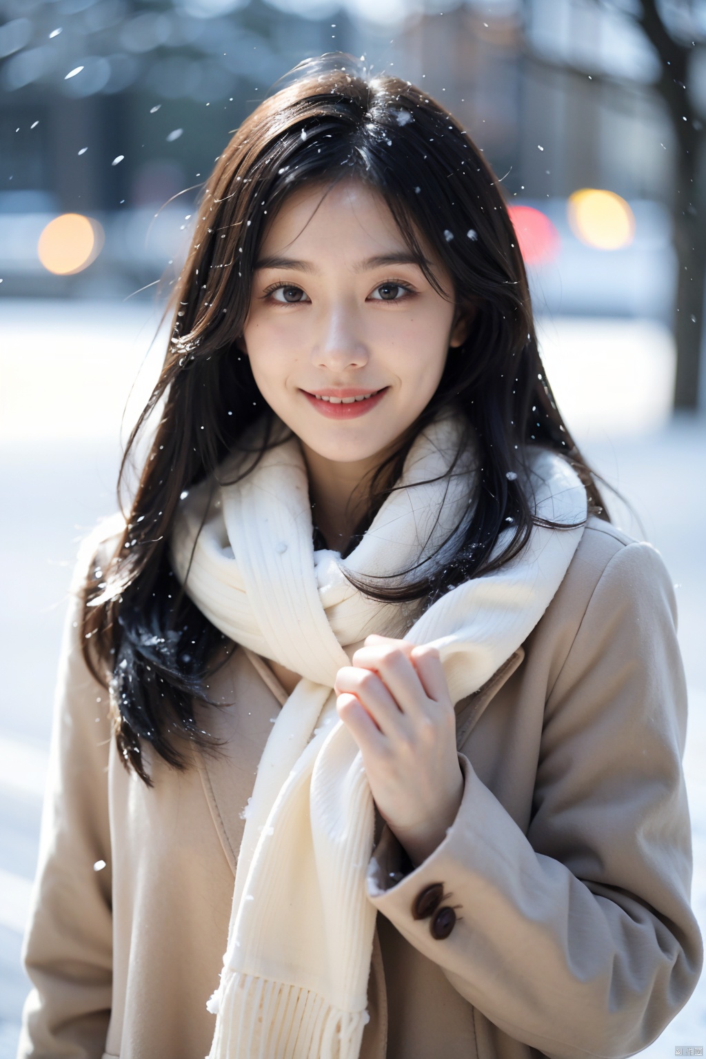  1girl,(snow:1.2),(snowing:1.2),snow,solo,scarf,long hair,smile,brown hair,bokeh,realistic,coat,blurry,