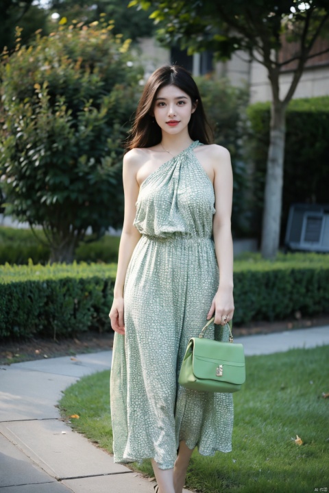  The image features a confident young woman standing outdoors on a green carpet. She is wearing a white dress with a green alligator print and carries a brown shoulder bag. Her posture and facial expression convey a sense of determination. The lighting is soft and flattering, casting a warm glow on her skin. The color palette is predominantly green and brown, with a dynamic contrast between the two. The woman's outfit, pose, and facial expression all work together to create a powerful and memorable image,large breasts, 1 girl