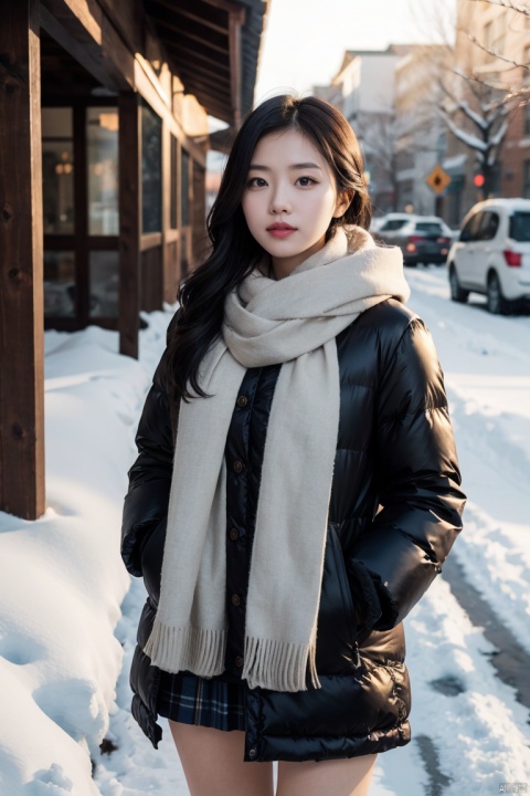  1girl,long hair, Winter clothing, college style,plaid skirt,full body,thick coat, cotton-padded jacket, plaid scarf, on the way home, snow, snow,outdoor,Master lens, golden ratio composition, (Canon 200mm f2.8L) shooting, large aperture, background blur., chinese woman,sunlight., plns