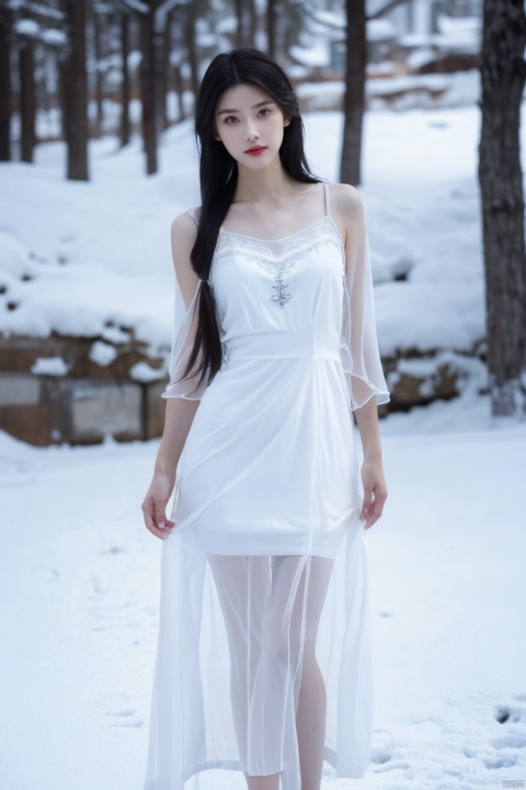 1girl,Full-body photos,black hair,Winter,realism,an extremely delicate and beautiful,real person,photograph,high detailed skin,visible pores,emothional face,dynamic pose,slender frame. bright eyes,finely chiseled features,makeup,red lips. glance with love,(Lace skirt:1.3),(white sheer dress:1.3),she reveals a tantalizing silhouette with a defined waistline,ample bosom,visible cleavage,and exposed navel,showcasing her perfect curves in a seductive manner. long,raven hair flows in the wind as she looks directly into the camera,Fuzzy background. imbuing the scene with soft,hues and an ambiance of serene,HD 16k,snow,winter,sexy Short jeans,light master,pencil_skirt,bare long legs,high heels,light rays,snowfield,snow mountain,Best Quality,Hyper-Realistic,Photo Art,Realistic,Coat,Close-up,Sight,masterpiece,white_skin,skinny,straight_hair,(long hair:1.6),red_lips_,(slender_waist:1.3),incredibly absurdres,realistic,reality,in winter,(full_shot:1.3),(depth offield:1.3),(camisole:1.5),(pencil_dress:1.5),(transparent:1.6),,,,(thin:1.5),(medium breasts:1.1),standing, 1 girl, (\meng ze\),