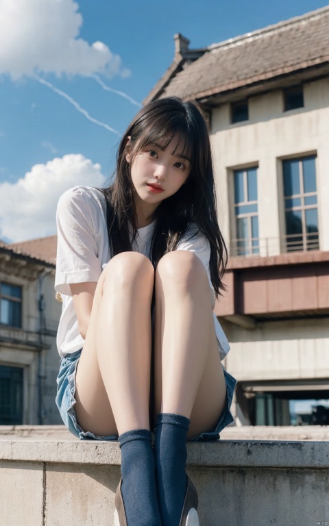 1girl,solo,sitting,bench,sky,clouds,outdoors,black hair,bird,blue sky,white socks,daytime,building,long hair,playing on the bench,bangs,cloudy sky,wide_shot,hand between legs,blurry_background,