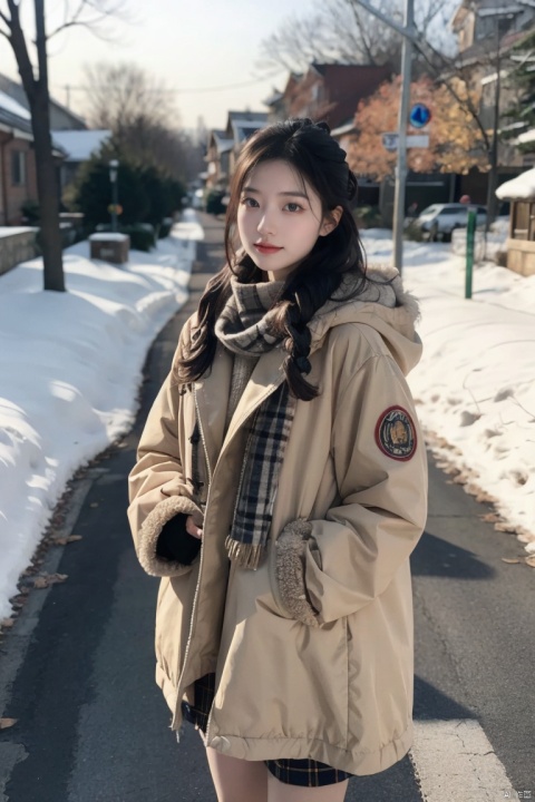  1girl,long hair, Winter clothing, college style,plaid skirt,full body,thick coat, cotton-padded jacket, plaid scarf, on the way home, snow, snow,outdoor,Master lens, golden ratio composition, (Canon 200mm f2.8L) shooting, large aperture, background blur., chinese woman,sunlight., plns, 1 girl